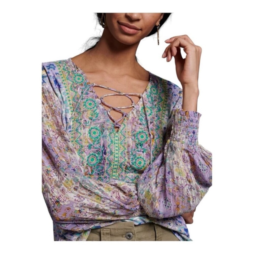 Anthropologie Odetta Fairycore Embroidered Boho Top Purple - Picture 2 of 9